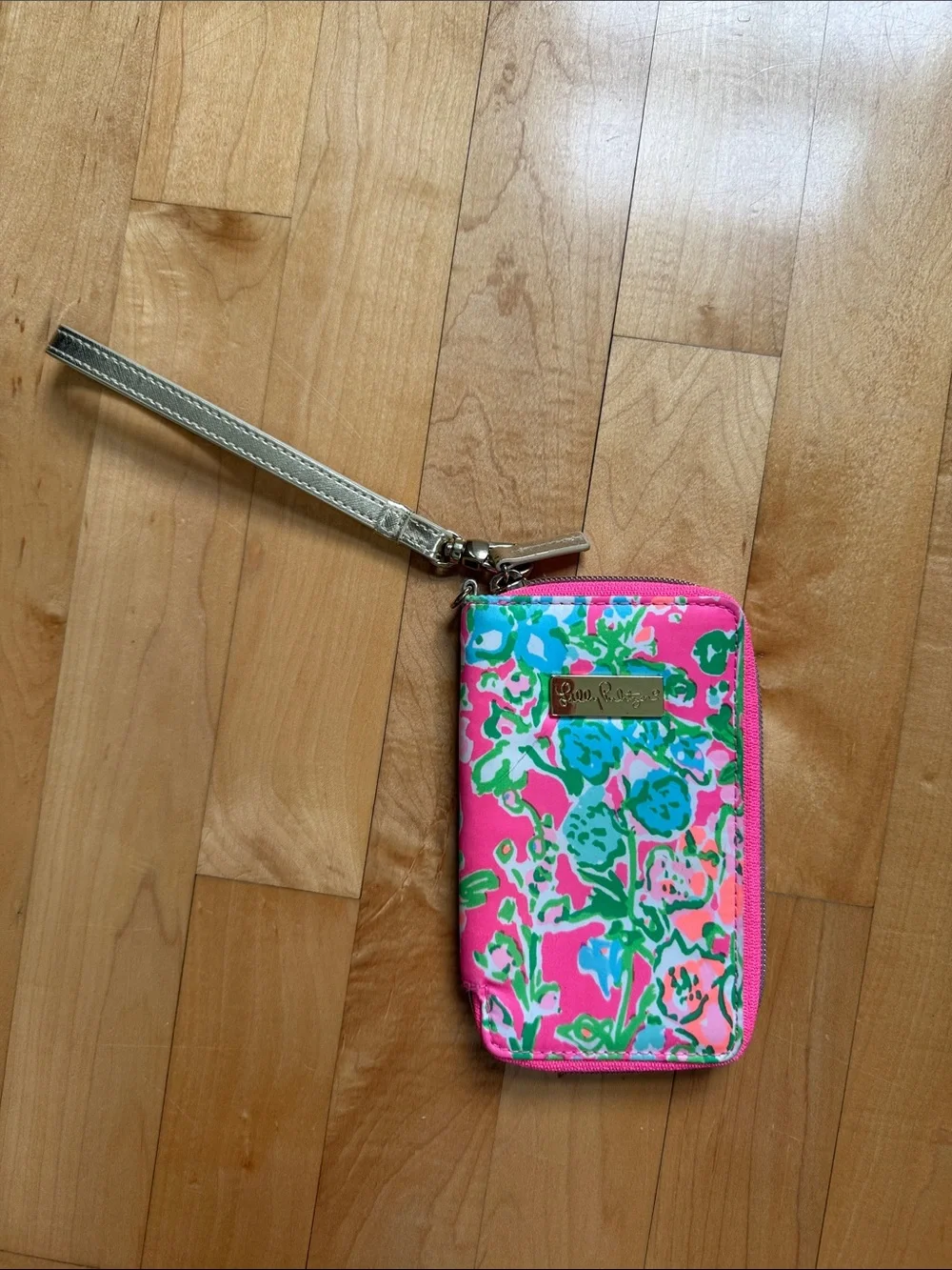 Lilly Pulitzer Bright Pink Floral Wristlet Phone Case with Gold Strap